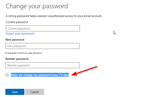 Принудительно изменить пароль учетной записи Microsoft
