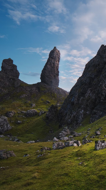 Landscape, mountains, rocks, grass, sky, clouds