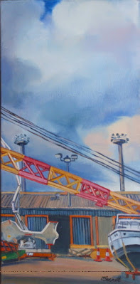 Plein air painting of Liebherr Crane undergoing maintenance on East Darling Harbour Wharves, now Barangaroo, painted by industrial and marine heritage artist Jane Bennett