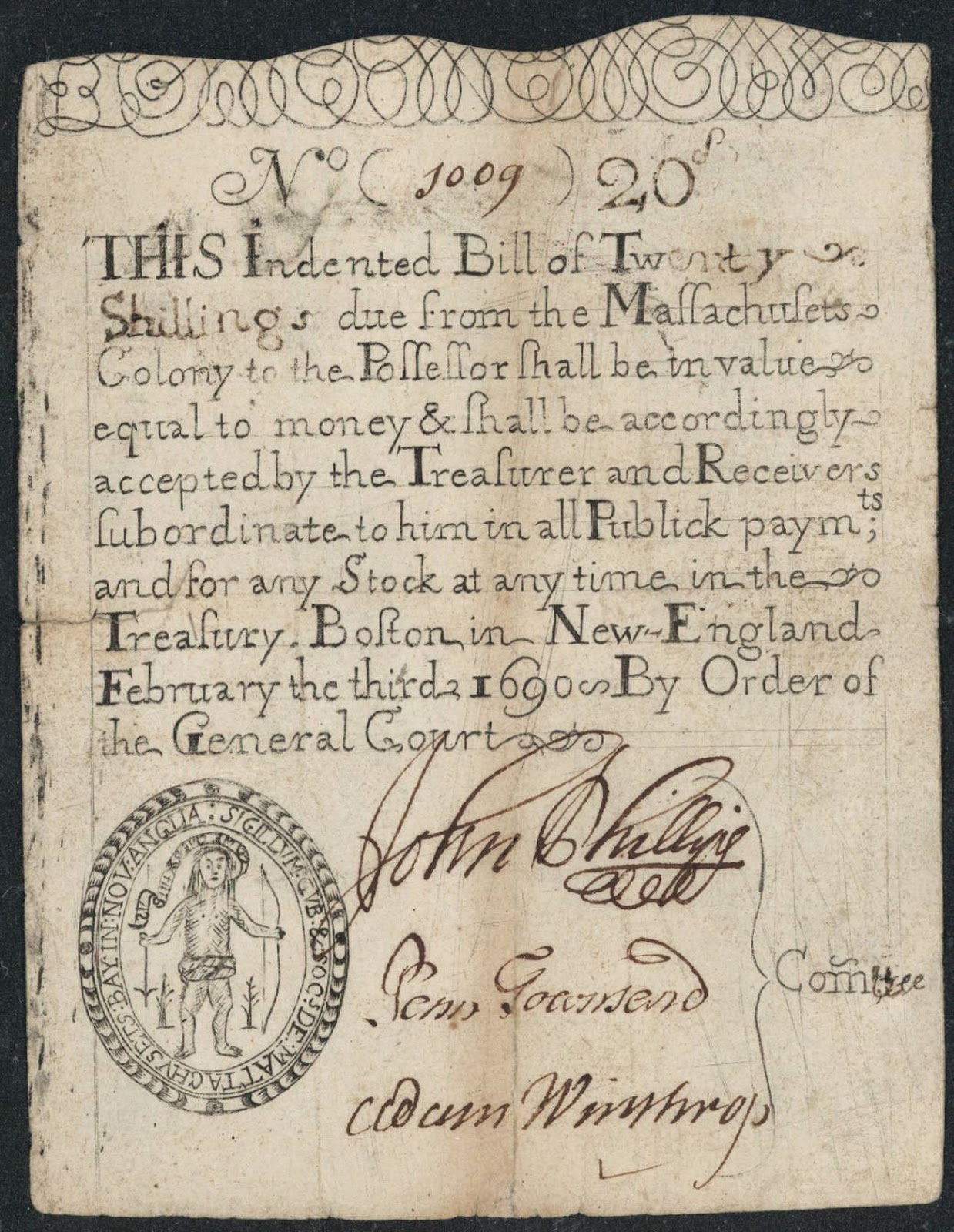 Colonial Currency 20 Shillings Massachusetts Note 1690