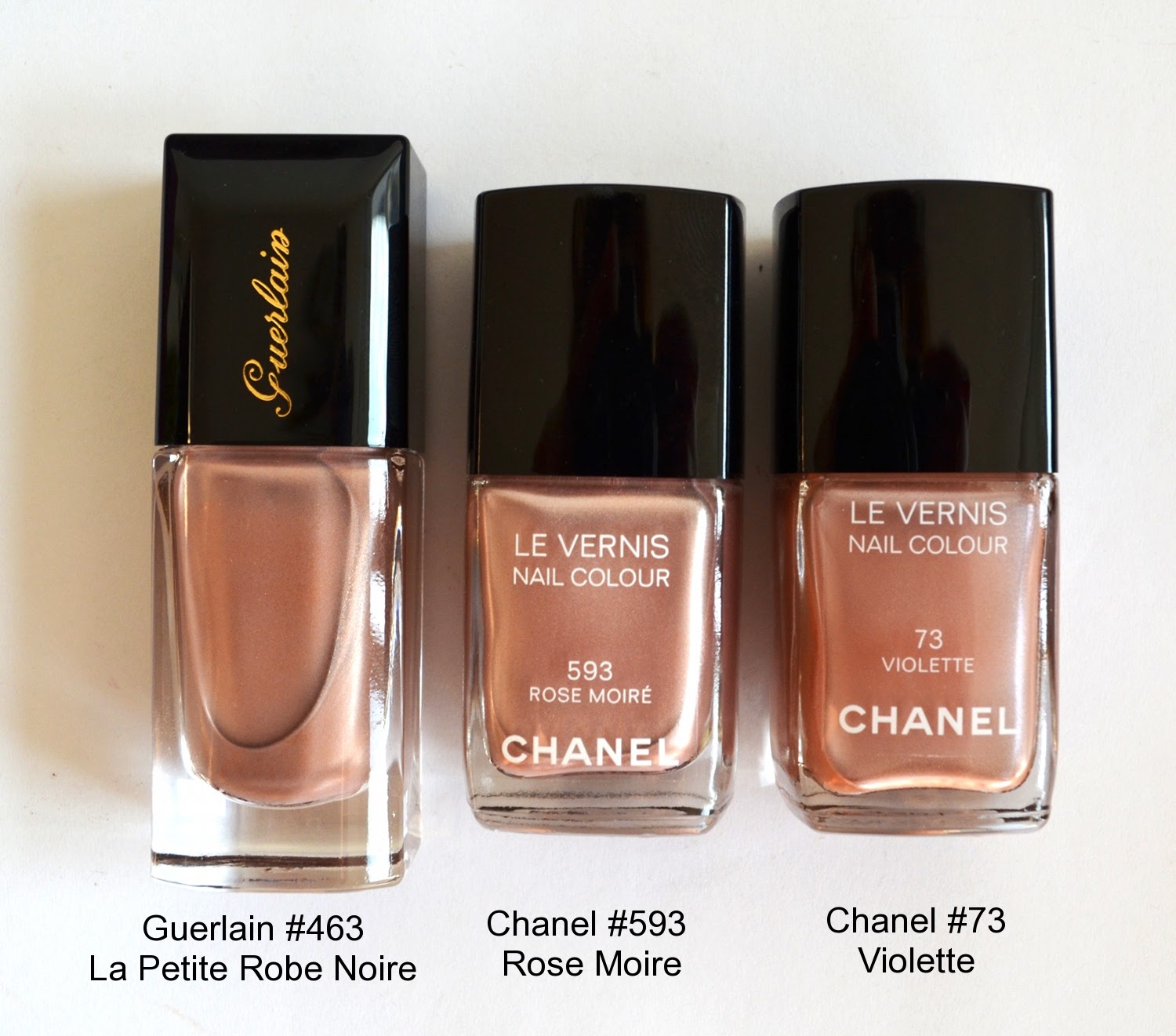 Chanel Le Vernis #593 Rose Moire vs. Guerlain La Couleur #463 La Petite Robe Noire | Me Loud