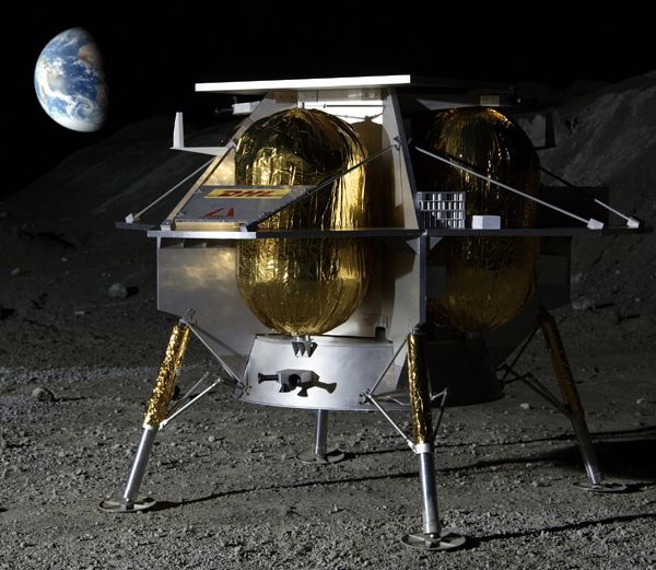 An artist's concept of Astrobotic's lunar lander on the surface of the Moon. An artist's concept of Astrobotic's lunar lander on the surface of the Moon.