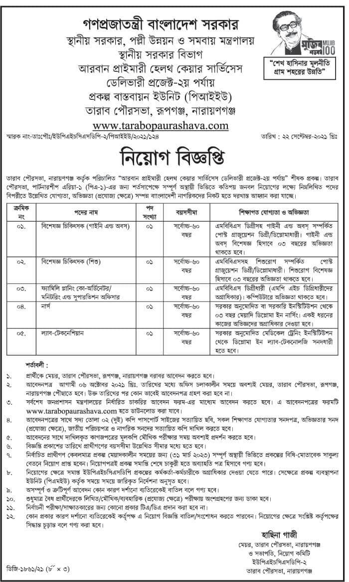 Tarabo Pourashava Job Circular image 2021