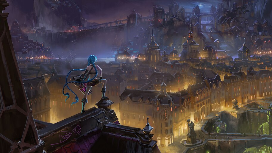 #8.525, Jinx, LoL, Piltover, Zaun, LoR, Landscape, Scenery, 4K
