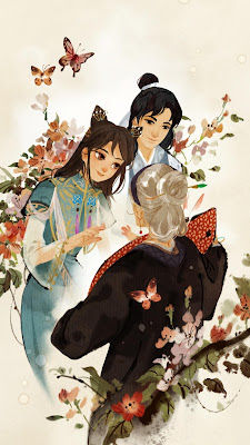 Chinese artwork from the White Snake visual novel of Suzhen and Xu Xian approaching an old woman