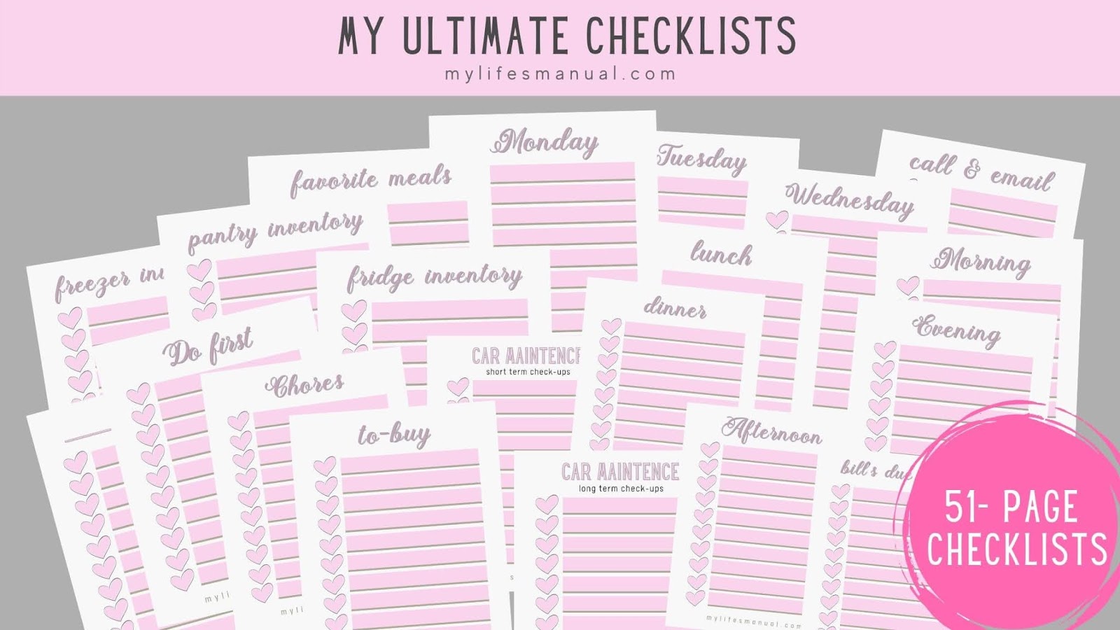 Printable Checklists Pink / 51 Pages