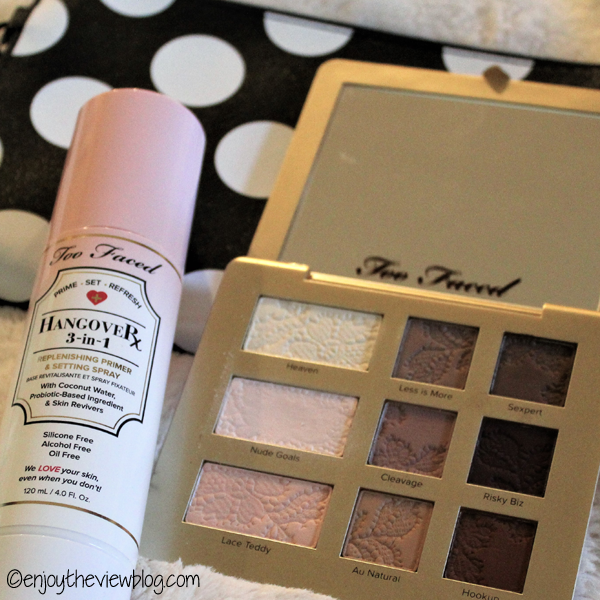 Bottle of Too-Faced Hangover Rx 3-in-1 Primer & Setting spray and Too-Faced Natural Matte Eye Shadow Palette