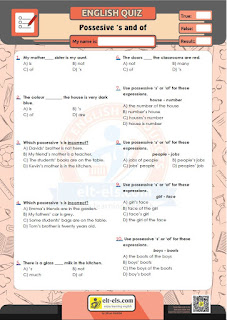 Apostrophe s multiple choice test | www.elt-els.com