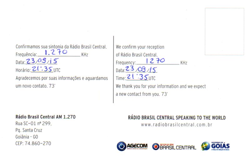DXwaysbr QSLcard (2015) 1270 kHz Radio Brasil Central Goiânia GO
