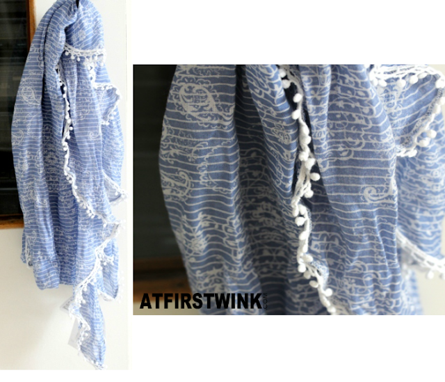 H&M blue striped scarf with white balls rim