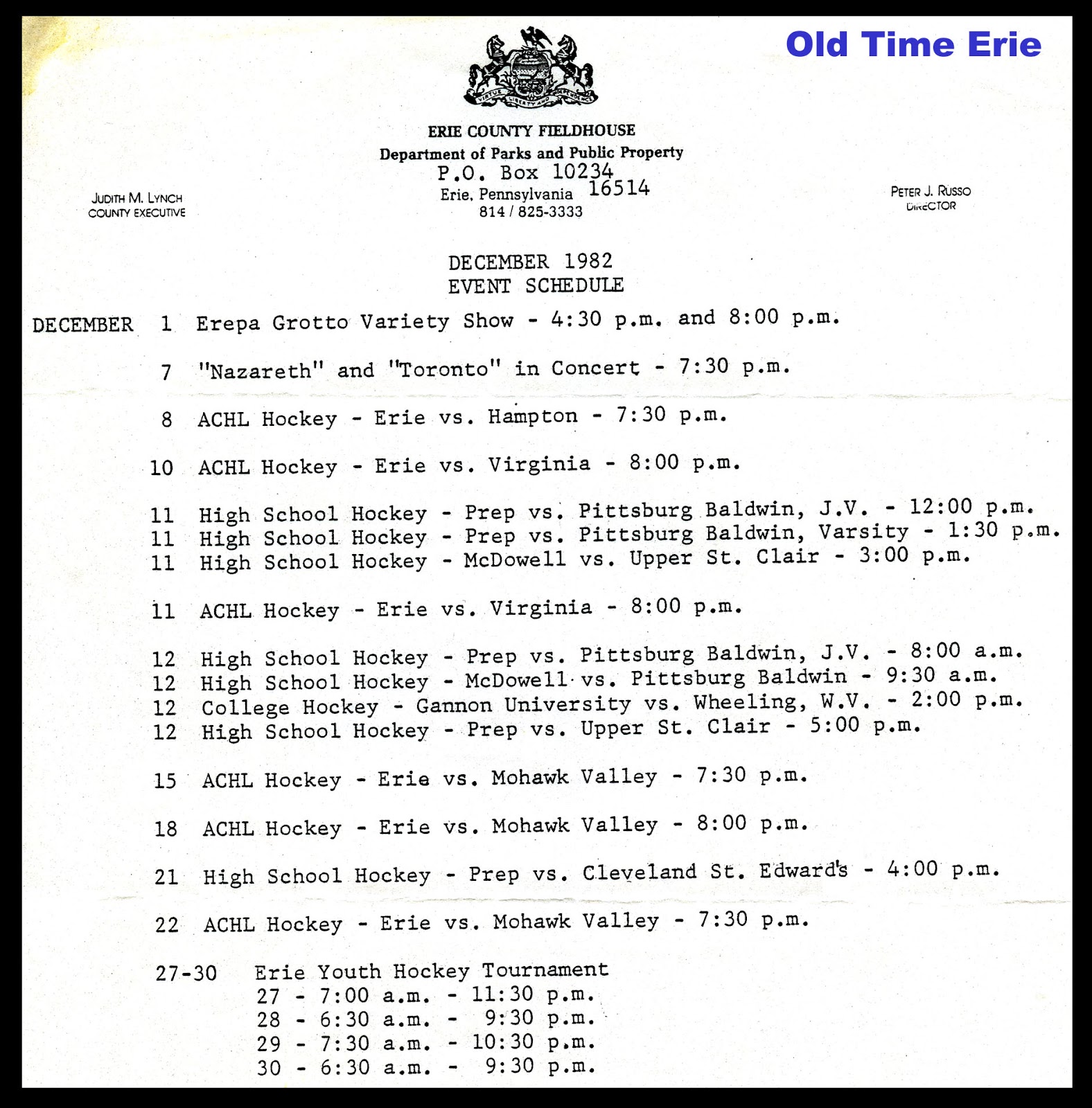 Old Time Erie Erie County Fieldhouse Schedule Dec 1982