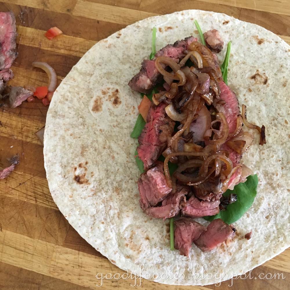 GoodyFoodies Recipe Steak Wrap with Caramelised Onions, Tomatoes and