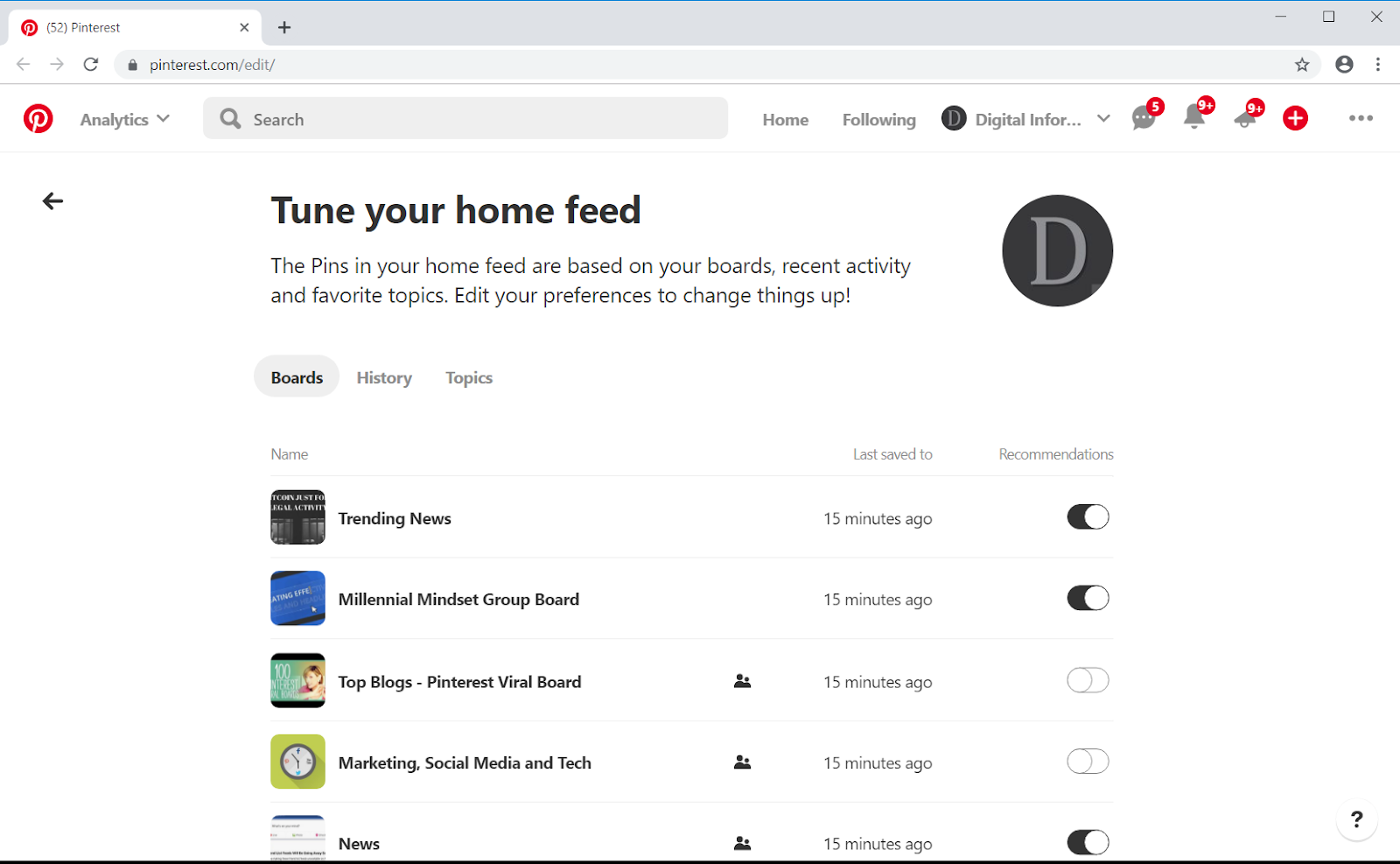 With the home feed tuner you can: Toggle home feed recommendations on and off, Flip on or off if you want to see more ideas, Receive recommendations for secret boards