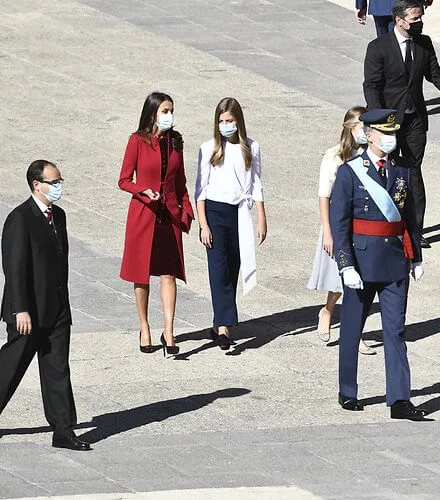 Princess Leonor and Infanta Sofia.  Felipe Varela Andrea red coat from the Spring Summer 2017 collection, Lodi pumps