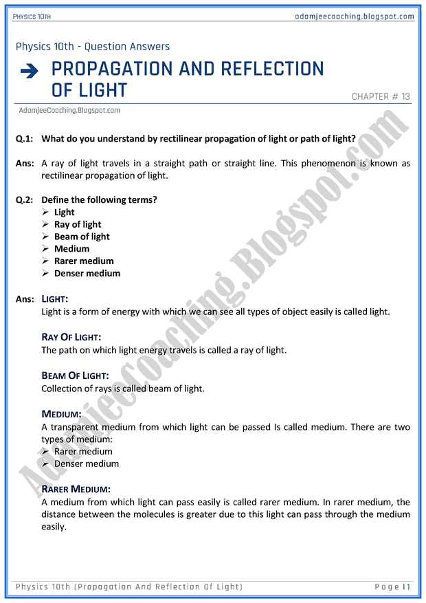 Adamjee Coaching Propagation and Reflection of Light Question