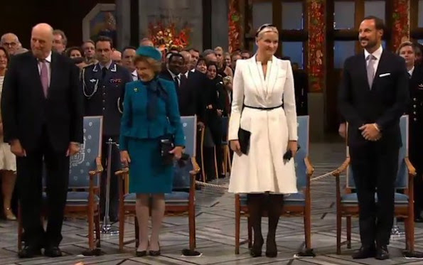 King Harald and Queen Sonja of Norway, Prince Haakon and his wife Crown Princess Mette-Marit of Norway attend for the Peace Prize 