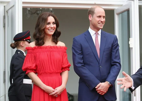 Kate Middleton's dress is by Alexander McQueen Off-the-shoulder shirred cotton and silk-blend. Simone Rocha Crystal earrings, Prada Pumps, Club Monaco Channon Heeled Sandal