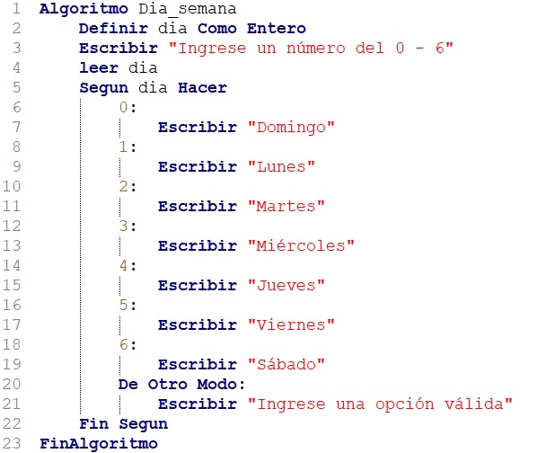 Algoritmo días de la semana en PSeInt