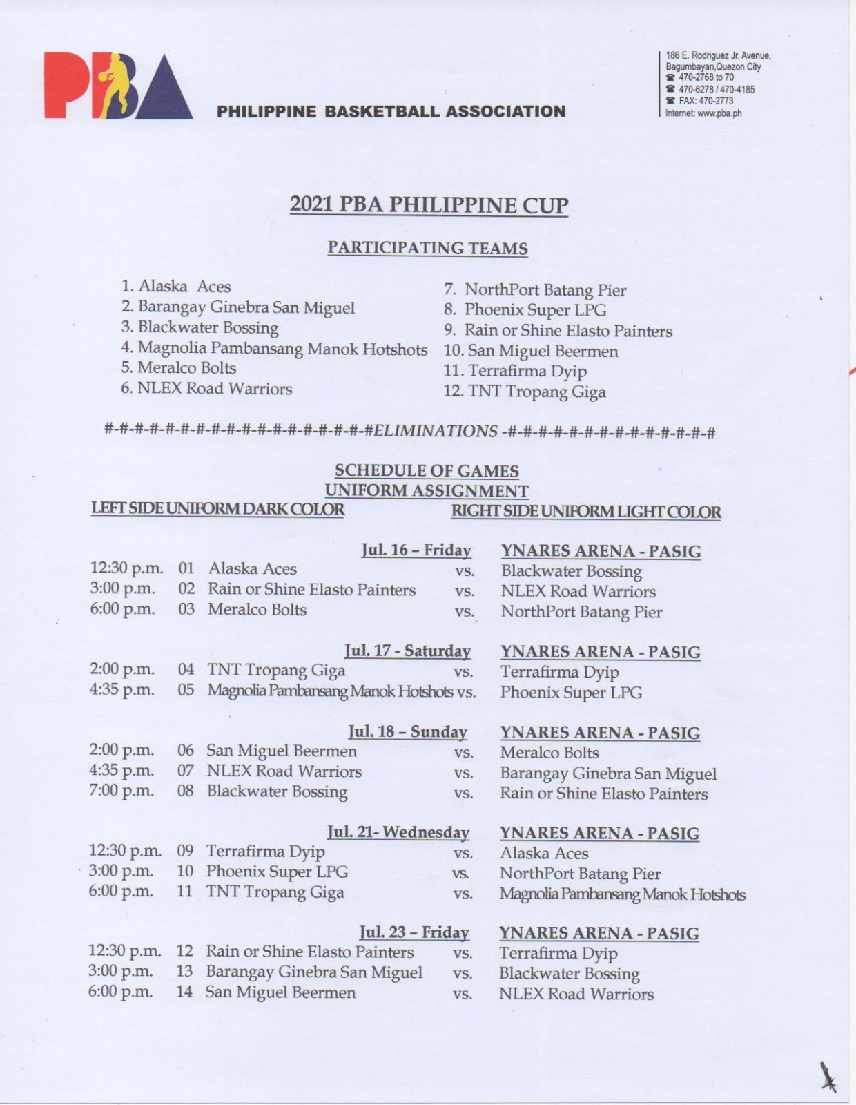 SCHEDULE 2021 PBA Philippine Cup