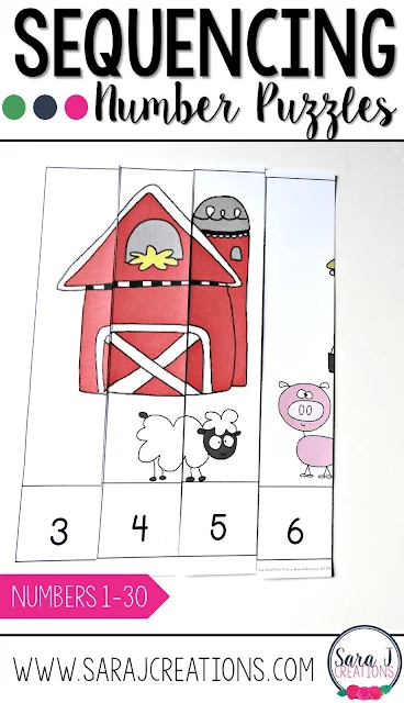 Sequencing numbers puzzles is a fun game for practicing counting, sequencing and ordering numbers.  Great for kindergarten! 
