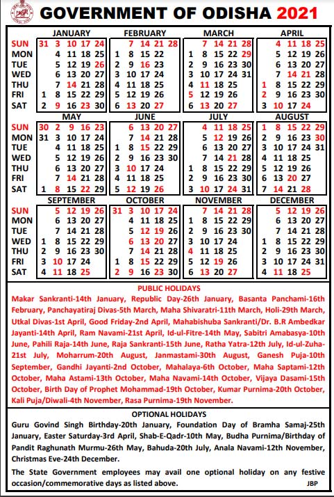 Govt calendar 2021 odisha, Public Holidays and Optional Holidays info