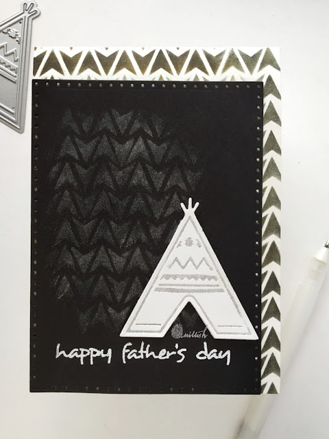 stenciling, Perfect pearls, Funky Fossil Designs - this way stencil. monochrome card, father's day card, teepee card, , Recollections, Quillish, die cutting, masculine card