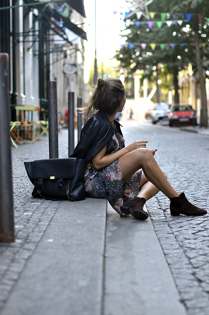 Streetstyle Porto downtown - flower see through dress, ankle boots, salsa biker, phillip lim bag