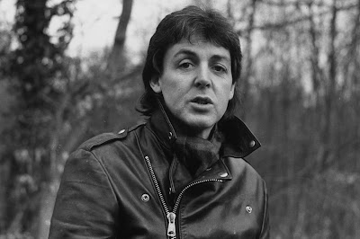 Paul McCartney 1980 leather jacket black and white photo