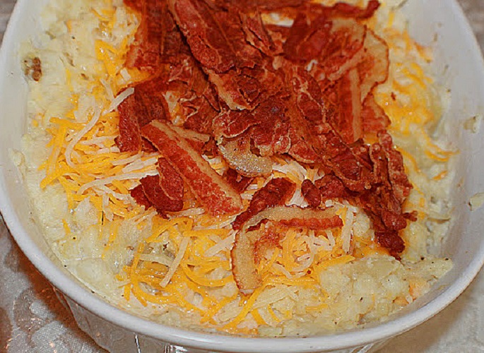 this is the mashed filling for twice baked potatoes with shredded sharp cheddar cheese and crumbled bacon
