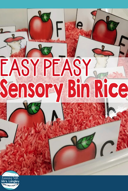 Sensory bins are a great way to incorporate play in your kindergarten or preschool centers. These apple cards are fun to hunt in a sensory bin full of fun rice! This blog post includes step by step directions on how to make easy sensory bin rice with materials you probably have at home! Throw in a few fun items from the Dollar Store and this is an easy DIY project. #kindergartenclassroom #preschoolclassroom #kindergarten #prek 