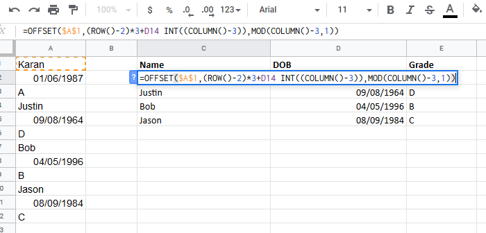 Convierta columnas a filas en Excel con fórmulas