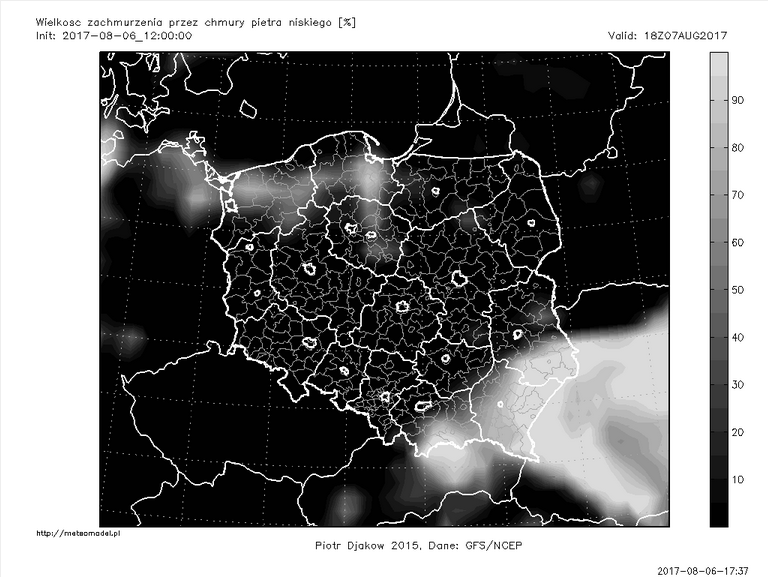 Ostatnia przed publikacją tekstu prognoza modelu GFS - zachmurzenie piętra niskiego 7 sierpnia o godz. 18:00 CEST. Źródło: meteomodel.pl