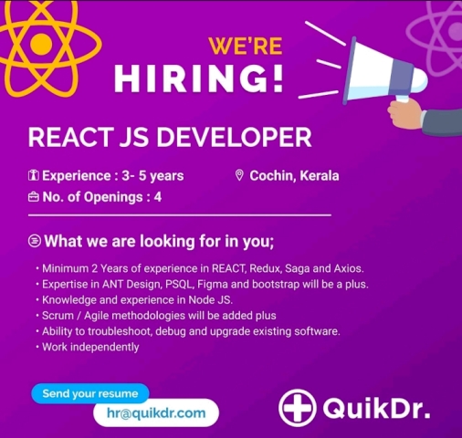 Job opening for React JS Developer at QuickDr apply here.