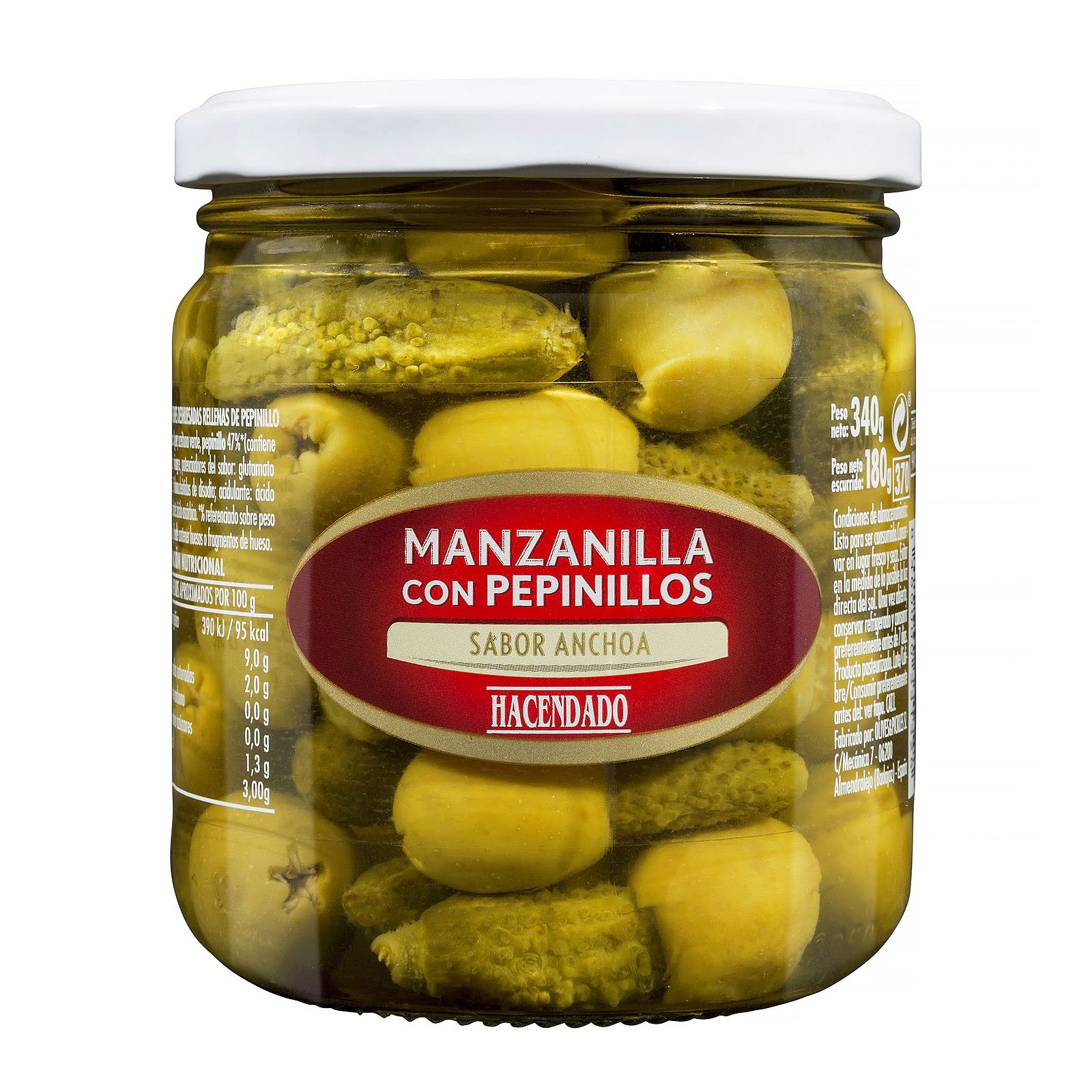 Aceitunas verdes manzanilla con pepinillos sabor anchoa Hacendado