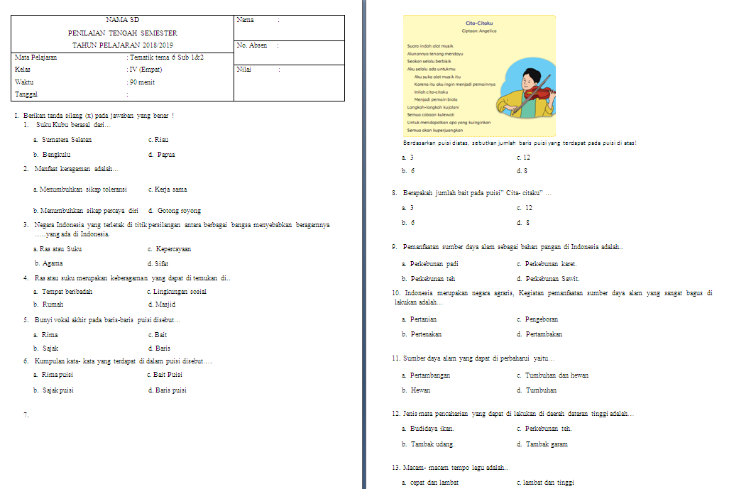 Soal Utspts Kelas 4 Sdmi Tema 6 Subtema 1 2