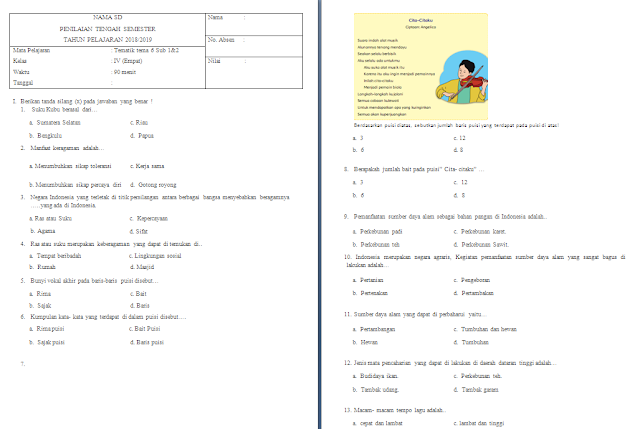 Soal UTS/PTS Kelas 4 SD/MI: Tema 6 Subtema 1-2