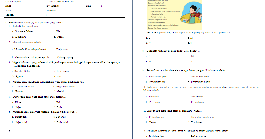 Soal UTS/PTS Kelas 4 SD/MI Tema 6 Subtema 12 Soal UTS/PTS Kelas 4 SD/MI Tema 6 Subtema 12