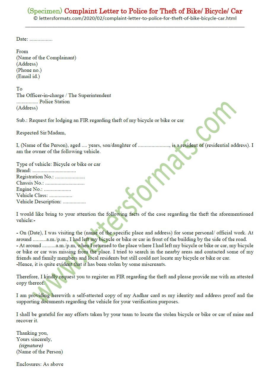 Sample Complaint Letter to Police for Theft of Bike Bicycle Car