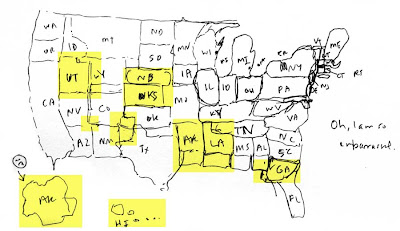 Hand=drawn map of the U.S. with yellow highlights on the worst mistakes