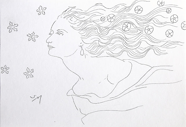 Changing seasons, line drawing of a woman by Sarah Myes