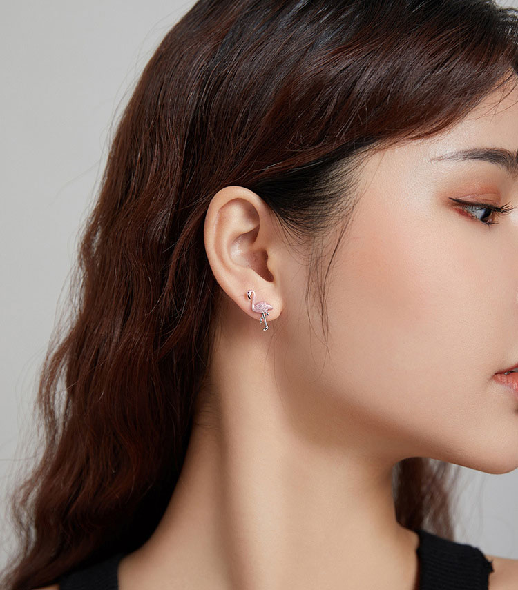 不對稱風滴釉火鶴與葉子 925純銀耳環