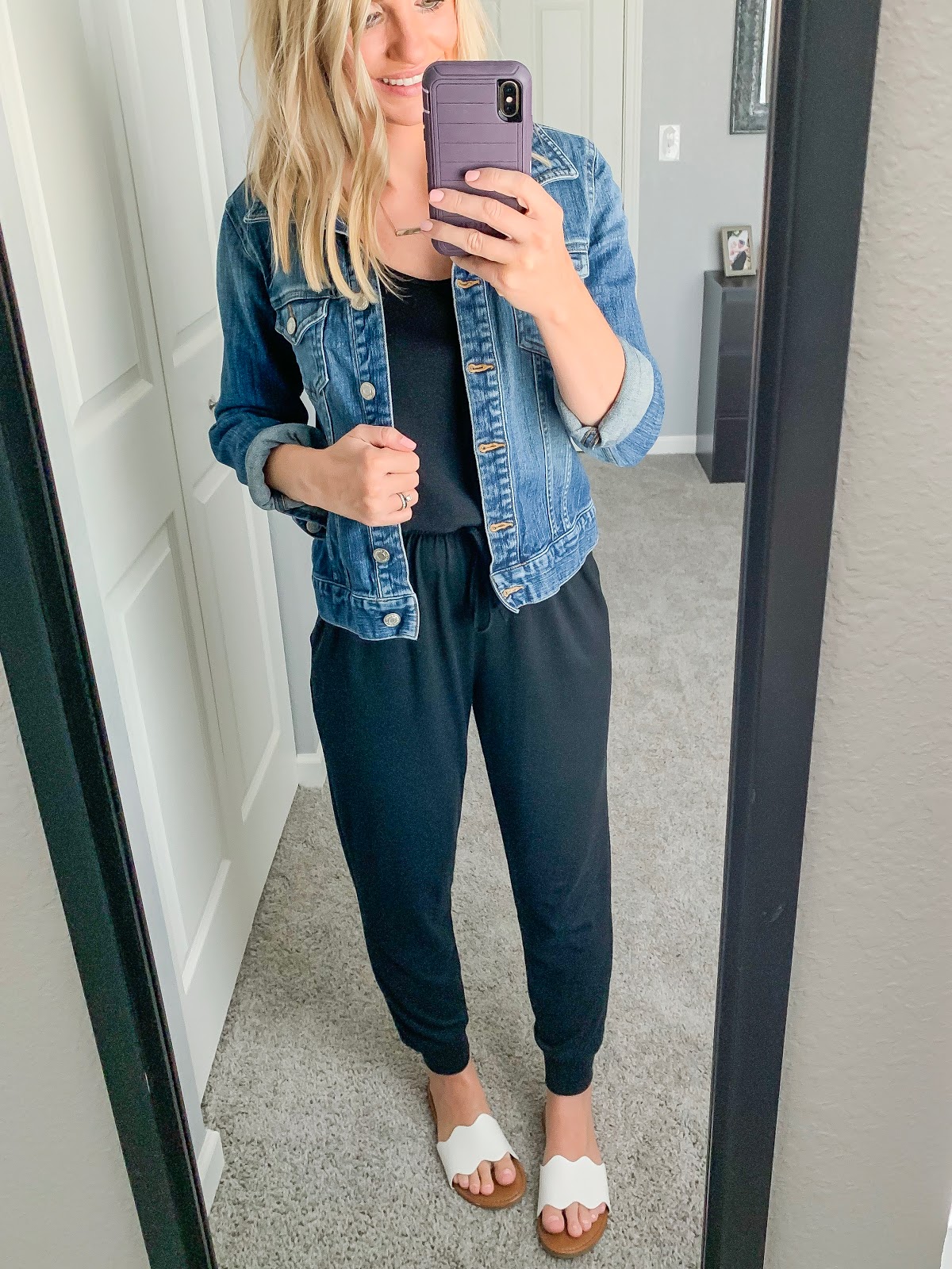 jean jacket with black jumpsuit