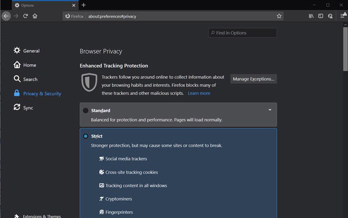 เปิดหรือปิดใช้งานตัวติดตามการเปลี่ยนเส้นทางการบล็อกใน Enhanced Tracking Protection 2.0 ใน Firefox