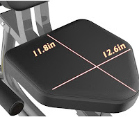 Large padded comfy seat on Pooboo W258-2 Magnetic Recumbent Exercise Bike, measures 11.8" long x 12.6" wide, image