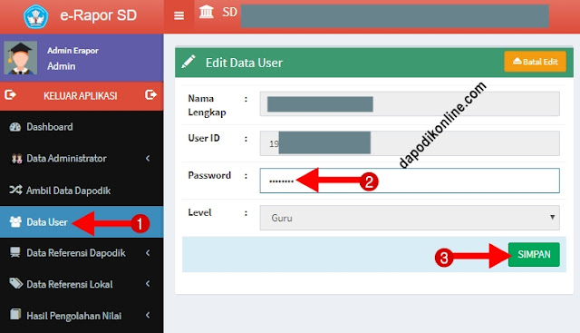 Cara Ganti Password Login Guru di Aplikasi e-Rapor SD lewat Login Level User Admin 
