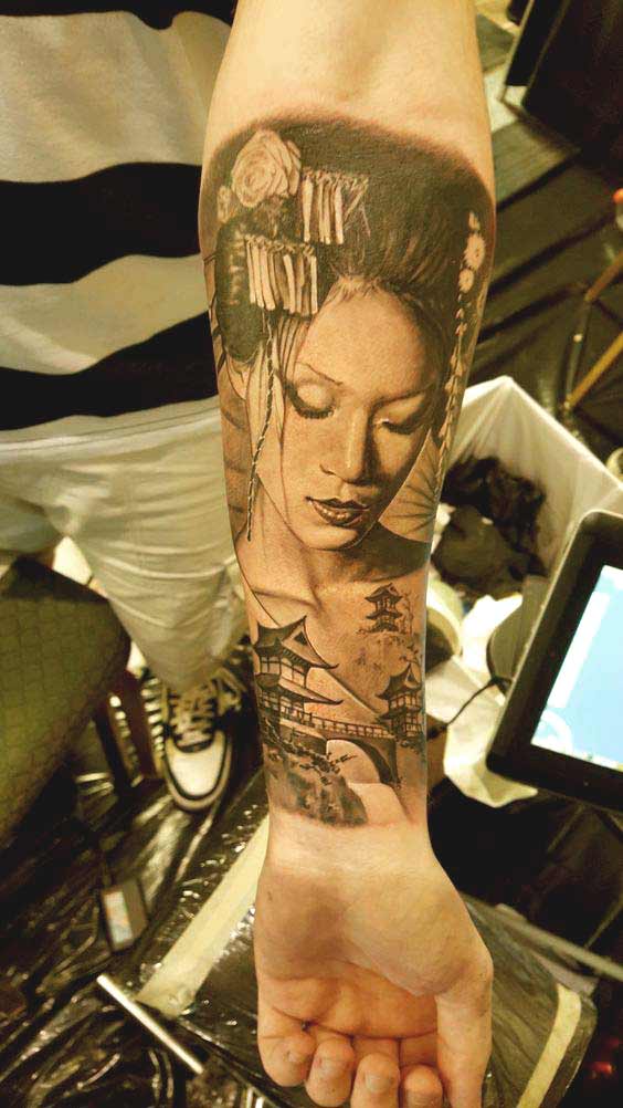Geisha lady face tattoo designs on inner forearm and wrist