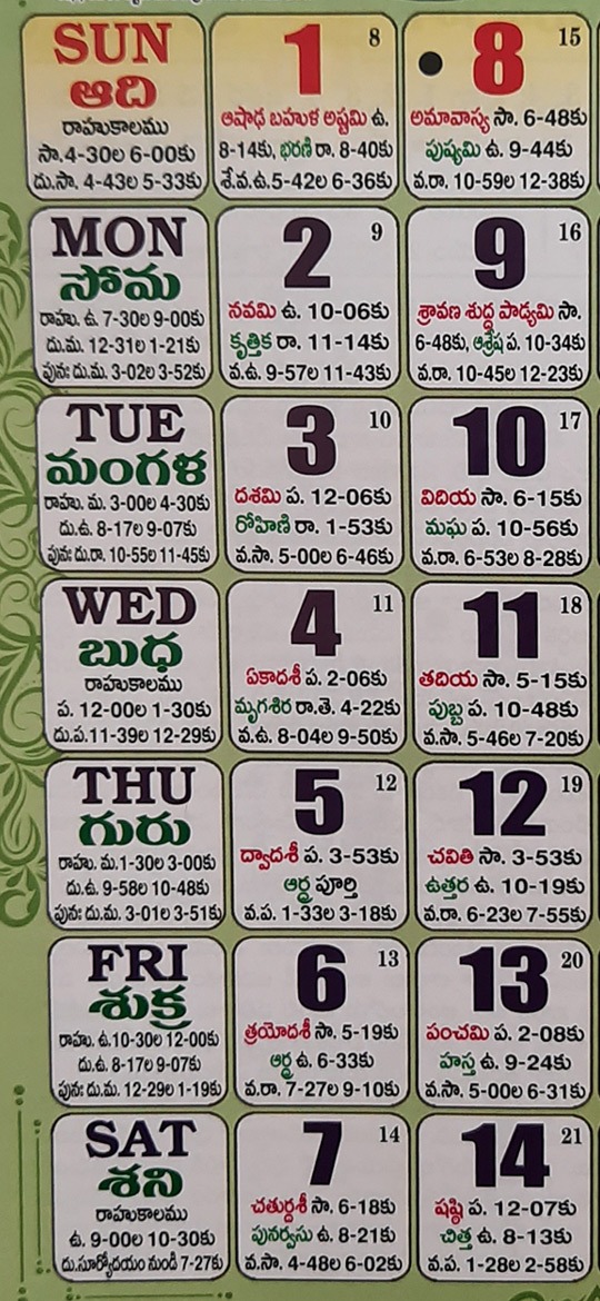 2021 August Telugu Calendar Telugu Panchangam Tidhi Rahukalam Festivals