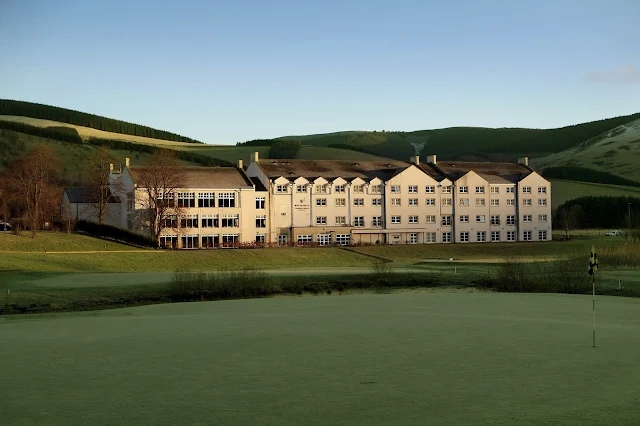 cardrona hotel in peebles outside view with golf course and hills 