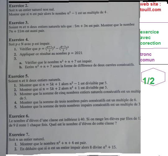 Exercice Sur Les Entiers Naturels Tronc Comun Avec Correction