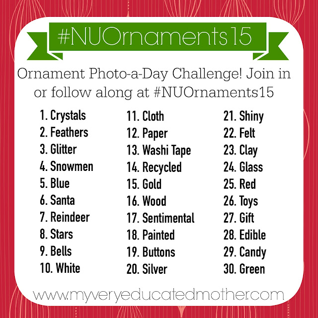 #NUOrnaments15 Here's the master list for the No Ugly Ornament Photo a Day Instagram Challenge hosted by @mvemother! It's always fun to see what kind of good, bad, and just plain crazy ornaments are out there! Be sure to join in the fun by using the hashtag in the photo! 